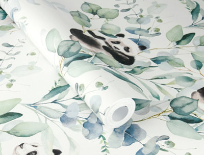 Panda Playtime Black White and Green Wallpaper
