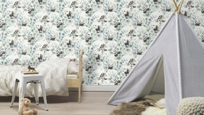 Panda Playtime Black White and Green Wallpaper