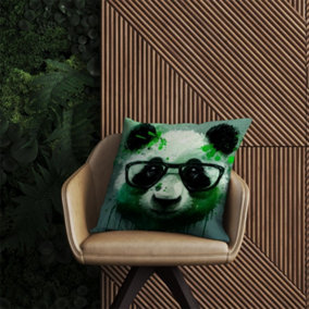 Panda With Glasses, Green Splashart Outdoor Cushion 60cm x 60cm