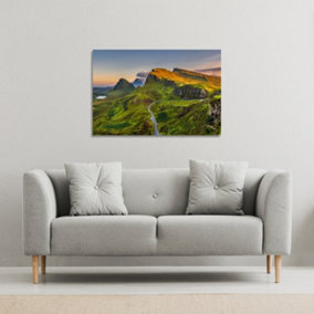 Panorama of Quiraing mountains sunset at Isle of Skye, Scottish highlands (Canvas Print) / 101 x 77 x 4cm