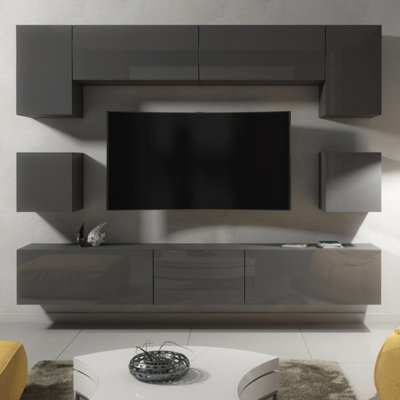 Panorama Wall TV Unit Dark Grey with High Gloss Doors and LED Lighting ...