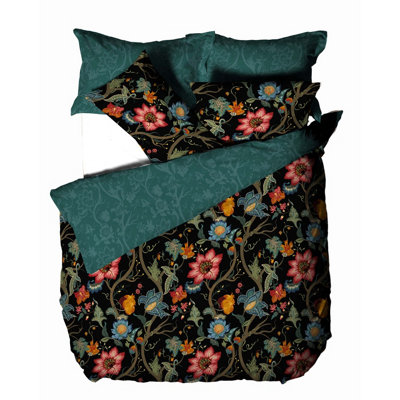 Paoletti Botanist Double Duvet Cover Set, Cotton Sateen, Black / Multi