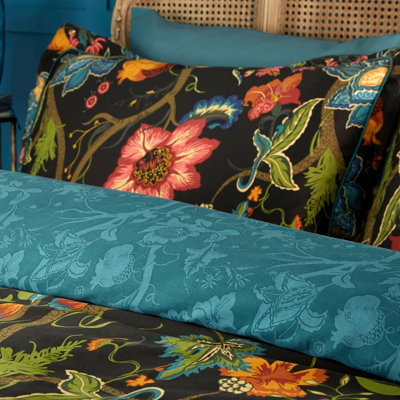 Paoletti Botanist Single Duvet Cover Set, Cotton Sateen, Black / Multi