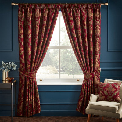 Paoletti Burgundy Red Shiraz Traditional Jacquard Pencil Pleat Curtain Pair (W) 168cm x (L) 183cm