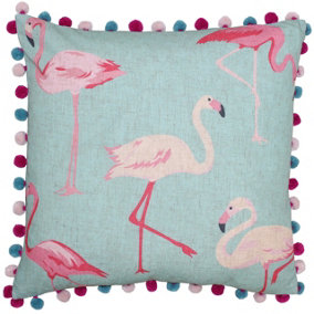 Paoletti Flamingo Printed Pom Pom Feather Filled Cushion