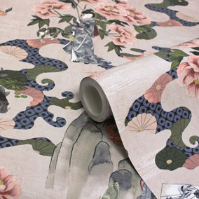 Paoletti Geisha Blush Pink Digitally Printed Traditional Floral Wallpaper