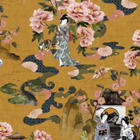 Paoletti Geisha Ochre Yellow Digitally Printed Traditional Floral Wallpaper Sample