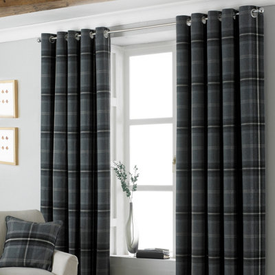 Paoletti Grey Aviemore Tartan Faux Wool Eyelet Curtain Pair (W) 117cm x (L) 183cm