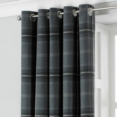 Paoletti Grey Aviemore Tartan Faux Wool Eyelet Curtain Pair (W) 168cm x (L) 229cm