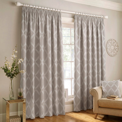 Paoletti Grey Olivia Lattice Embroidered Pencil Pleat Curtain Pair (W) 117cm x (L) 137cm