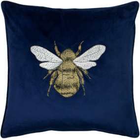 Paoletti Hortus Bee Embroidered Velvet Piped Feather Filled Cushion