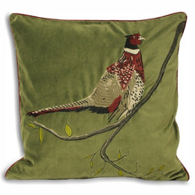 Paoletti Hunter Embroidered Pheasant Velvet Polyester Filled Cushion
