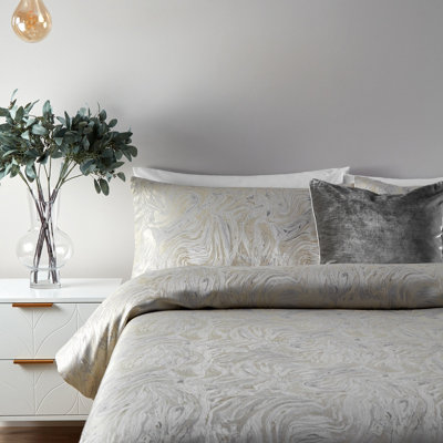 Paoletti Marble Double Duvet Cover Set, Cotton, Polyester, Oyster