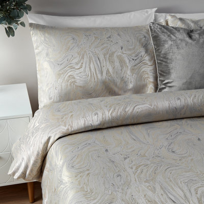 Paoletti Marble King Duvet Cover Set, Cotton, Polyester, Oyster