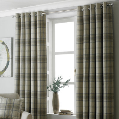 Paoletti Natural Beige Aviemore Tartan Faux Wool Eyelet Curtain Pair (W) 117cm x (L) 183cm