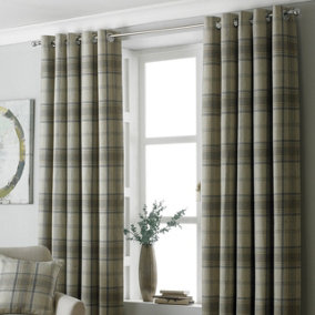 Paoletti Natural Beige Aviemore Tartan Faux Wool Eyelet Curtain Pair (W) 229cm x (L) 183cm