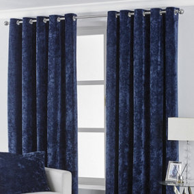 Paoletti Navy Blue Verona Crushed Velvet Eyelet Curtain Pair (W) 117cm x (L) 183cm