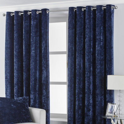 Paoletti Navy Blue Verona Crushed Velvet Eyelet Curtain Pair (W) 229cm