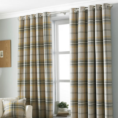 Paoletti Ochre Yellow Aviemore Tartan Faux Wool Eyelet Curtain Pair (W) 117cm x (L) 183cm