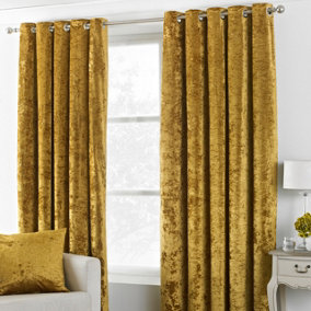 Paoletti Ochre Yellow Verona Crushed Velvet Eyelet Curtain Pair (W) 117cm x (L) 137cm