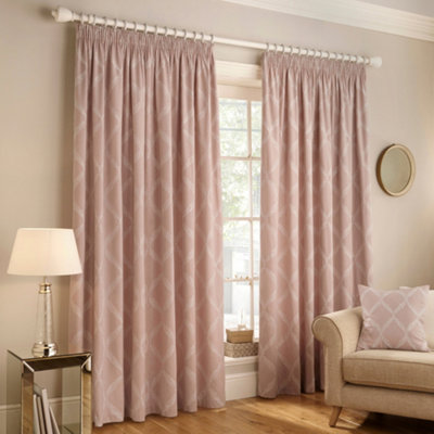 Paoletti Olivia Lattice Embroidered Pencil Pleat Curtains, Blush