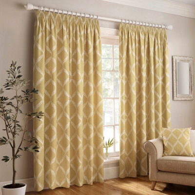 Paoletti Olivia Lattice Embroidered Pencil Pleat Curtains, Citron