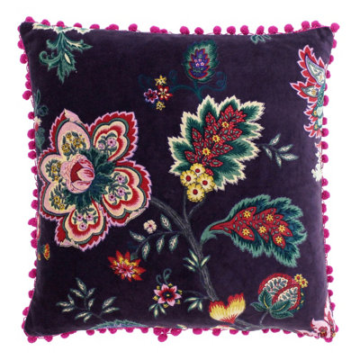 Paoletti Palampur Floral Printed Pom Pom Trimmed Polyester Filled Cushion