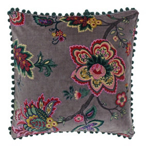 Paoletti Palampur Floral Printed Pom Pom Trimmed Polyester Filled Cushion