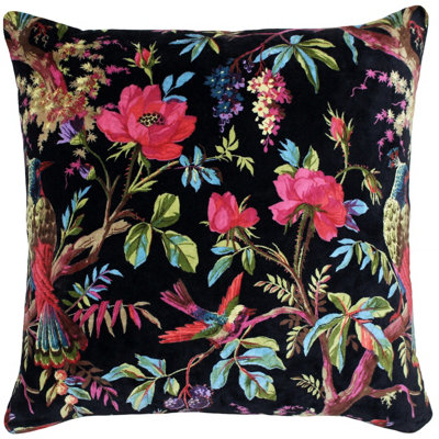 Paoletti Paradise Bird and Flower Printed Velvet Polyester Filled Cushion