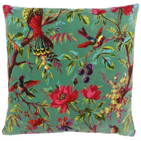 Paoletti Paradise Bird and Flower Printed Velvet Polyester Filled Cushion