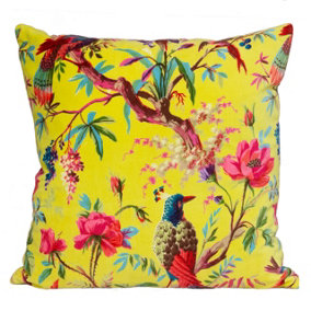 Paoletti Paradise Bird and Flower Printed Velvet Polyester Filled Cushion