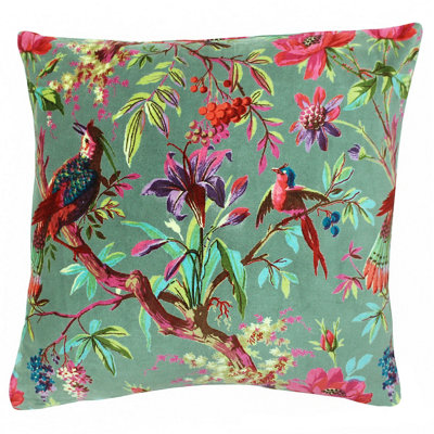 Paoletti Paradise Bird and Flower Printed Velvet Polyester Filled Cushion