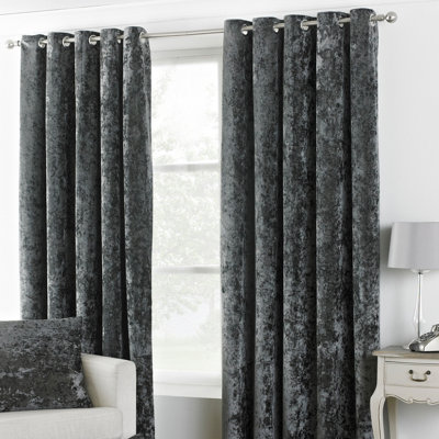 Paoletti Pewter Grey Verona Crushed Velvet Eyelet Curtain Pair (W ...