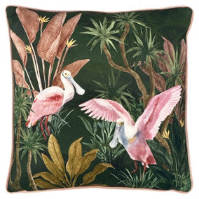 Paoletti Platalea Bird Printed Piped Velvet Reverse Polyester Filled Cushion