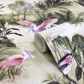 Paoletti Platalea Natural Digitally Printed Tropical Wallpaper
