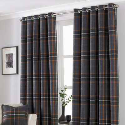 Paoletti Rust Red Aviemore Tartan Faux Wool Eyelet Curtain Pair (W) 168cm x (L) 137cm