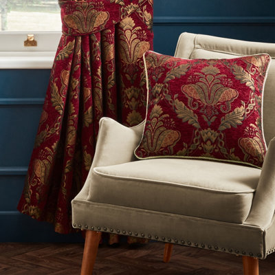 Shiraz Large Square Cushion Cover - Burgundy Red - Embroidered Damask Jacquard - Gold Piped Edges - Reversible - Zip Closure - 100% Polyester - 58 X 58cm (23" X 23" Inches) - Made By Riva Paoletti