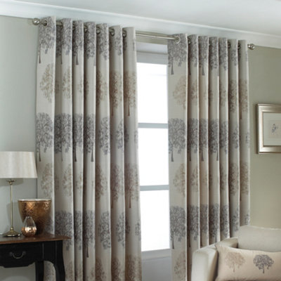 Paoletti Silver Oakdale Tree Motif Eyelet Curtain Pair (W) 117cm x (L) 183cm