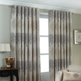 Paoletti Silver Oakdale Tree Motif Eyelet Curtain Pair (W) 168cm x (L) 229cm