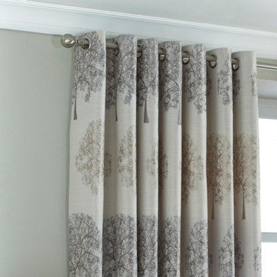 Paoletti Silver Oakdale Tree Motif Eyelet Curtain Pair (W) 229cm x (L) 229cm