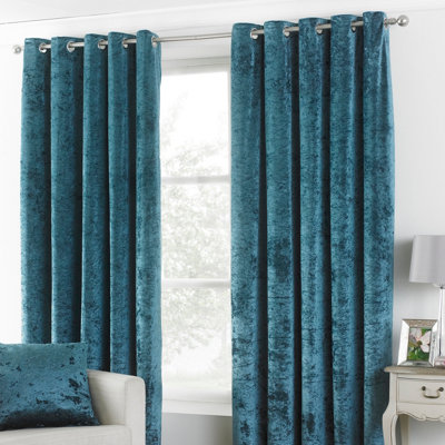 Paoletti Teal Verona Crushed Velvet Eyelet Curtain Pair (W) 168cm X (L ...