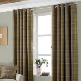 Paoletti Thistle Brown Aviemore Tartan Faux Wool Eyelet Curtain Pair (W) 117cm x (L) 183cm