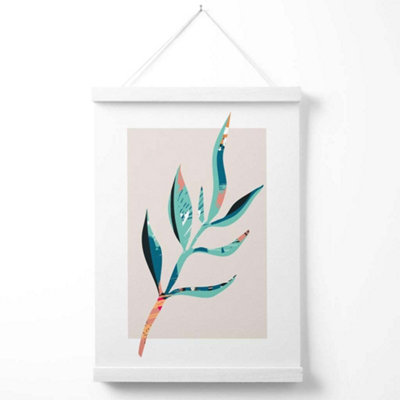 Papyrus Leaf Blue and Pink Boho Botanical Poster with Hanger / 33cm / White