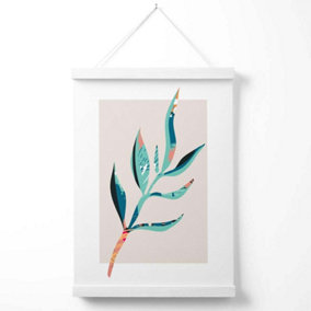Papyrus Leaf Blue and Pink Boho Botanical Poster with Hanger / 33cm / White