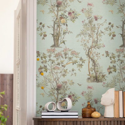 Paradise Garden Duck Egg Green Floral Wallpaper 79043-5