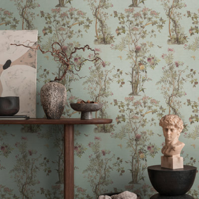 Paradise Garden Duck Egg Green Floral Wallpaper 79043-5