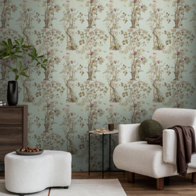 Paradise Garden Duck Egg Green Floral Wallpaper 79043-5