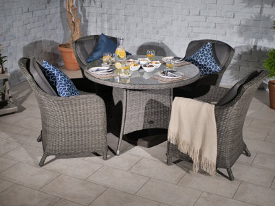 Paris 4 Seater Round Table with Cushions - Synthetic Rattan - H74 x W110 x L110 cm - Grey