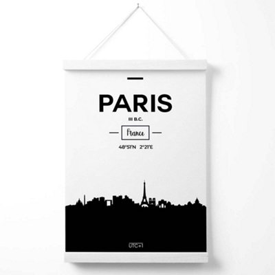 Paris Black and White City Skyline Poster with Hanger / 33cm / White