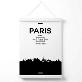 Paris Black and White City Skyline Poster with Hanger / 33cm / White